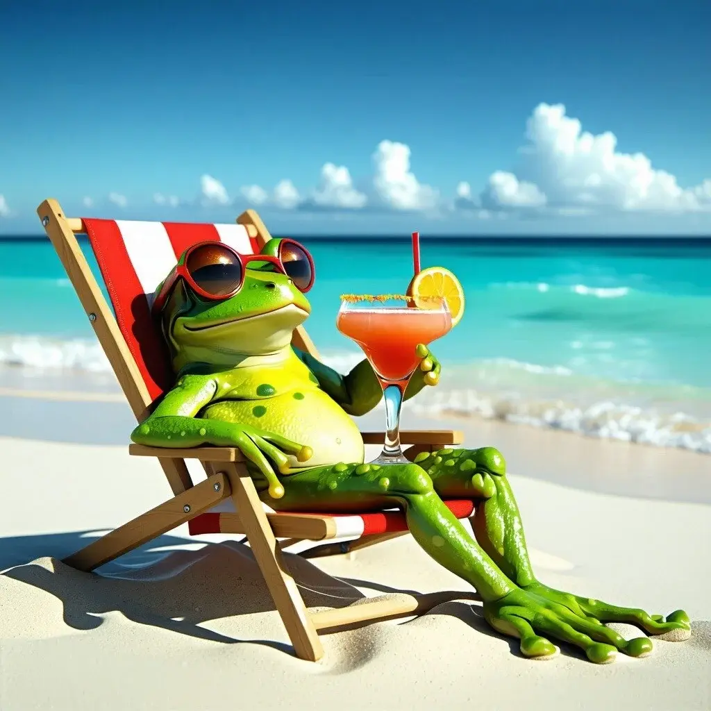 frog lounging on a beach chair at the beach sipping a cocktail